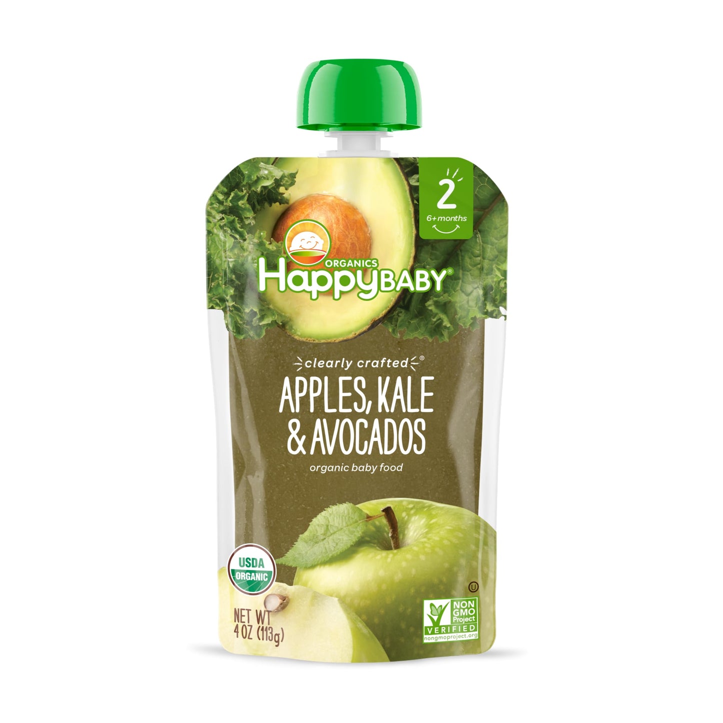 Happy Baby Organics Stage 2 Baby Food Pouches, Gluten Free, Vegan & Healthy Snack, Clearly Crafted Fruit & Veggie Puree, Apples, Kale & Avocados, 4 Ounces (Pack Of 16)
