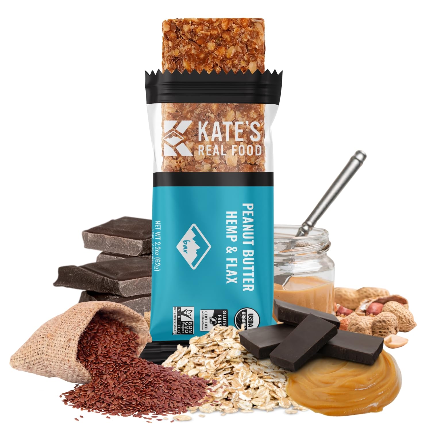 Kates Real Food Organic Granola Bars - Peanut Butter Hemp & Flax (2.2 oz  Pack of 12) - Organic Energy Bars Made with Gluten Free Oats - Non GMO  Soy Free  Whole Grains  and All Natural - Healthy Snacks