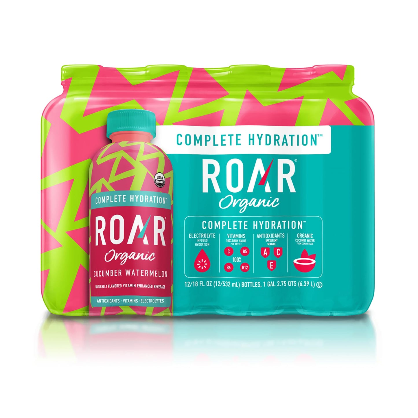 Roar Organic Electrolyte Infusions - USDA Organic - Cucumber Watermelon - with Antioxidants, B Vitamins, Low-Calorie, Low-Sugar, Low-Carb, Coconut Water Infused Beverage 18 Fl Oz (Pack of 12)