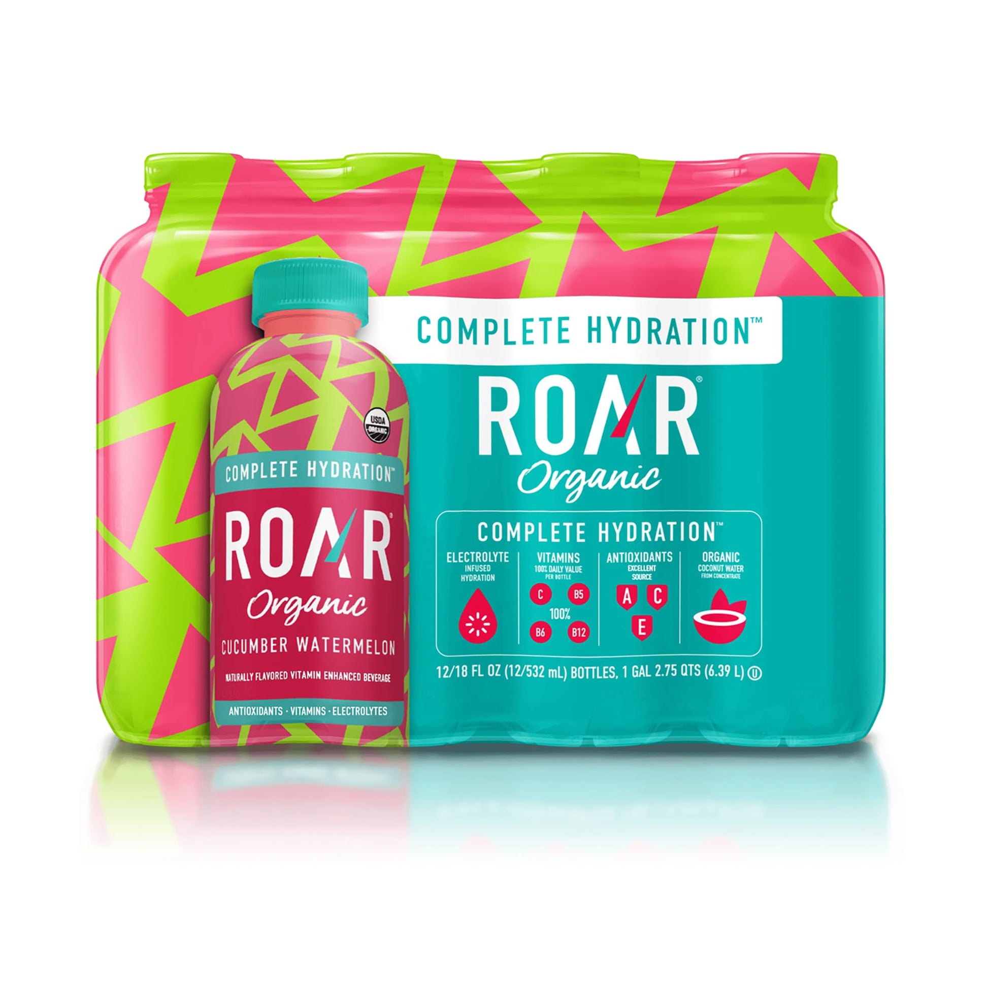 Roar Organic Electrolyte Infusions - USDA Organic - Cucumber Watermelon - with Antioxidants, B Vitamins, Low-Calorie, Low-Sugar, Low-Carb, Coconut Water Infused Beverage 18 Fl Oz (Pack of 12)