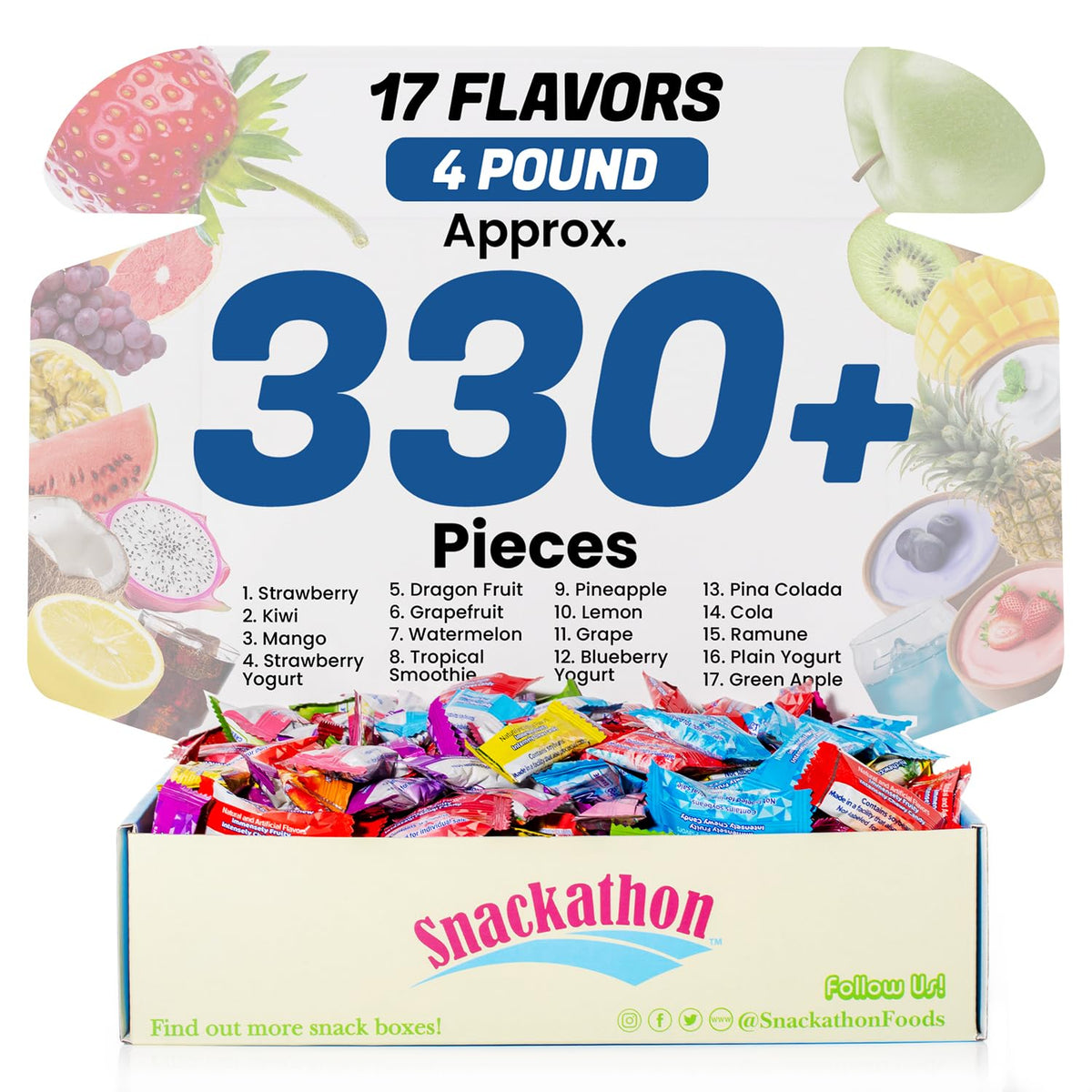 Fruit Chew 17 Flavors, Bulk 330+ Pieces, 4 Pound (Strawberry, Mango, Green Apple, Grape, Pineapple, Kiwi, Dragon Fruit, Ramune, 