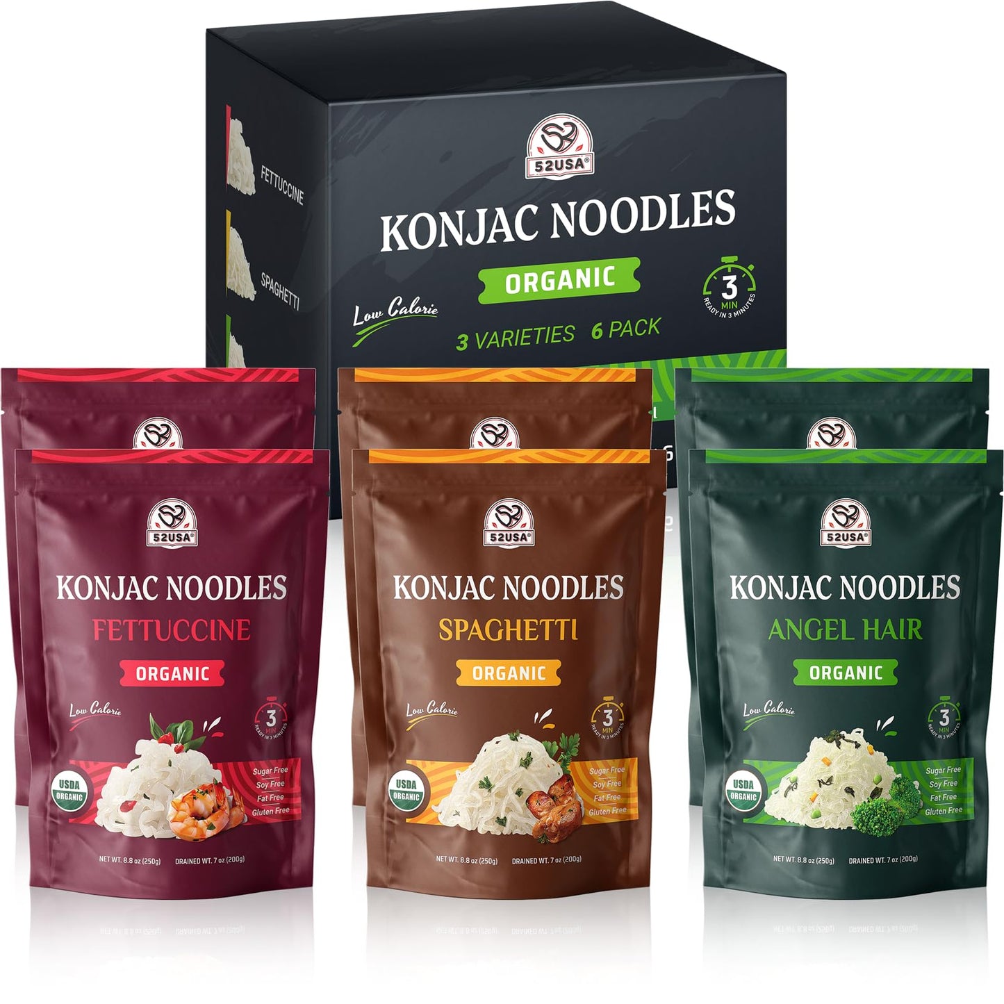52USA Organic Konjac Shirataki Noodles, Low Carb Pasta, 64 Oz, Vegan, Keto Friendly, 3 Varieties in 6 Pack