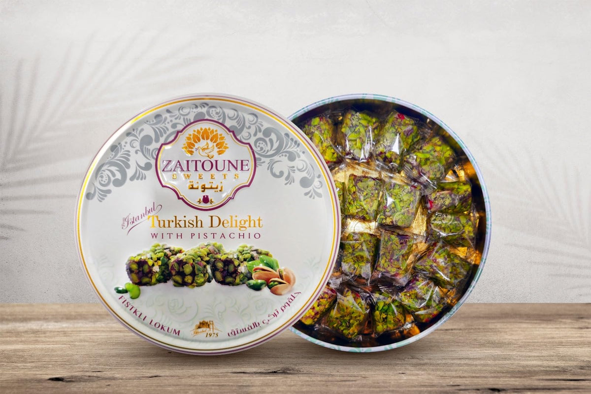 Zaitoune Turkish Delight - Pistachio Covered, Handmade, 250G, Gift Tin