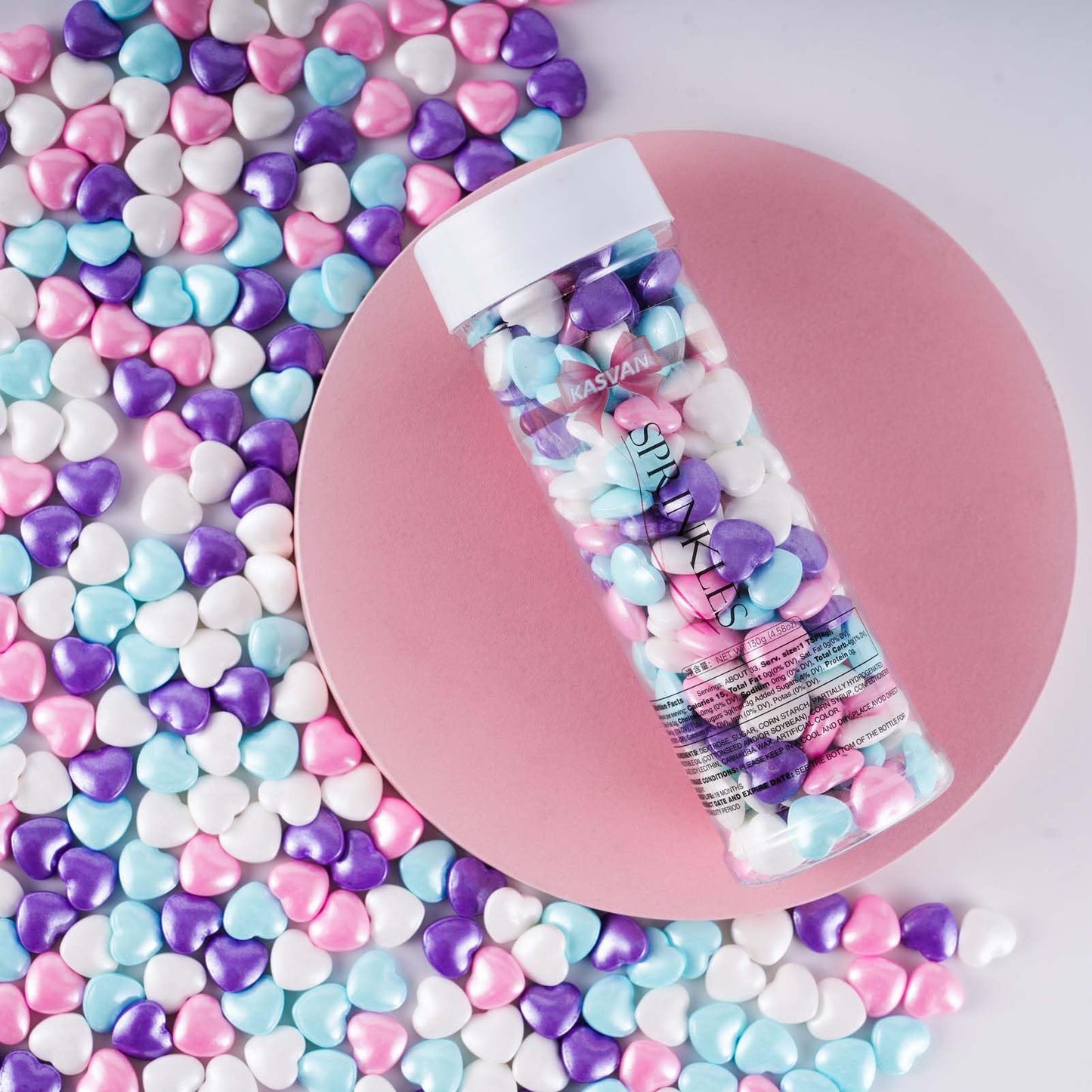 KASVAN Mixed Heart Shapes Sprinkles, Edible Candy Pearls, 130g/4.58 Oz, Cake Decorations, Ice Cream Toppings, Cookie Decorating