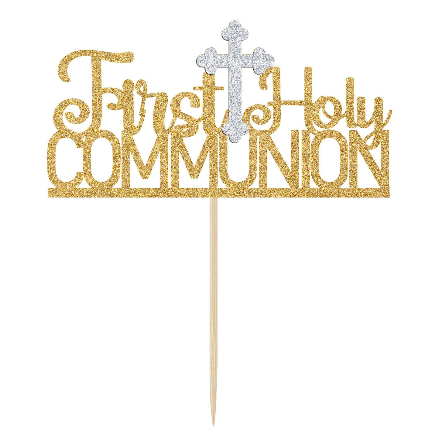 OASISGUEST First Communion Cake Topper, Gold Glitter, 2.76 x 0.04, Baptism Decoration for Kids, Baby Shower, First Birthday
