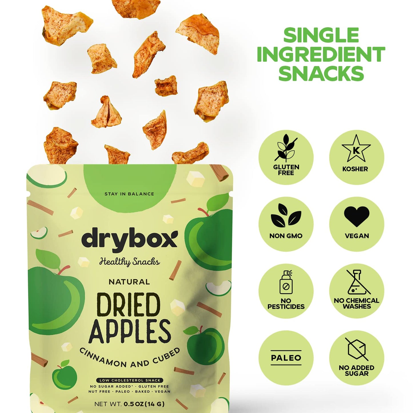 Drybox Dried Cinnamon Apple Cubed 36 Snack Packs | No Sugar Added Dried Apples With Sweet Cinnamon | Non-Gmo Gluten Free Healthy
