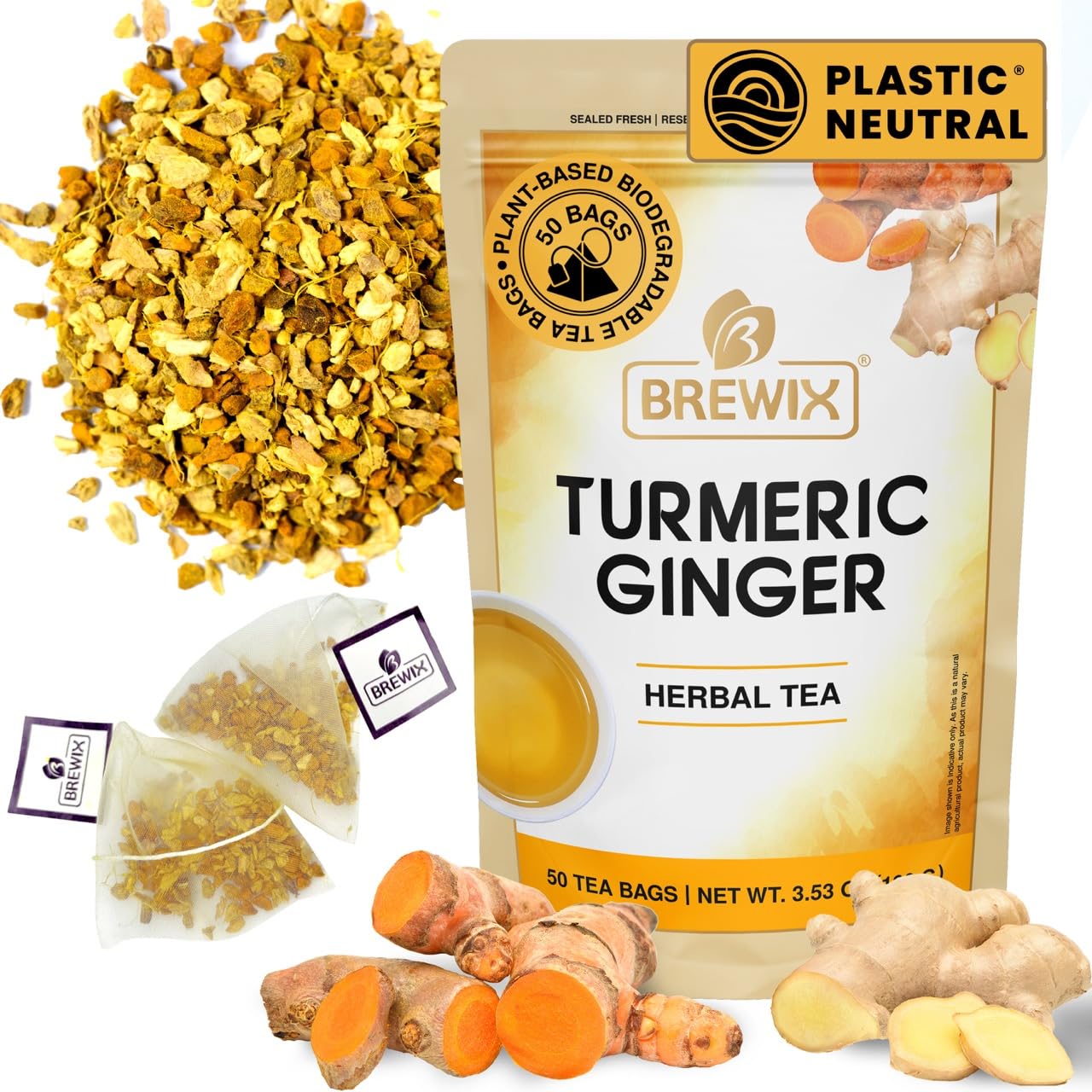 BREWIX Turmeric Ginger Herbal Tea Bags - Caffeine-Free Ayurvedic Blend, 50 Count, Gluten Free, Daily Wellness Ritual