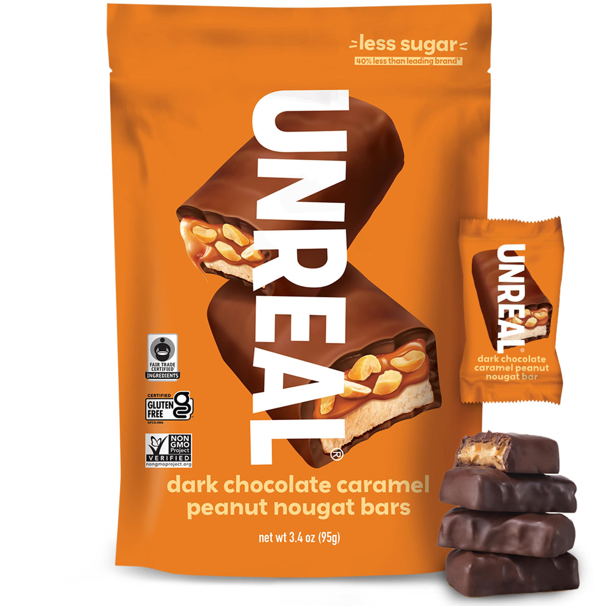 UNREAL Dark Chocolate Caramel Peanut Nougat Bars (1 Bag), 70% Organic Ingredients, Fair Trade, Non-GMO, No Corn Syrup, Sugar Alc