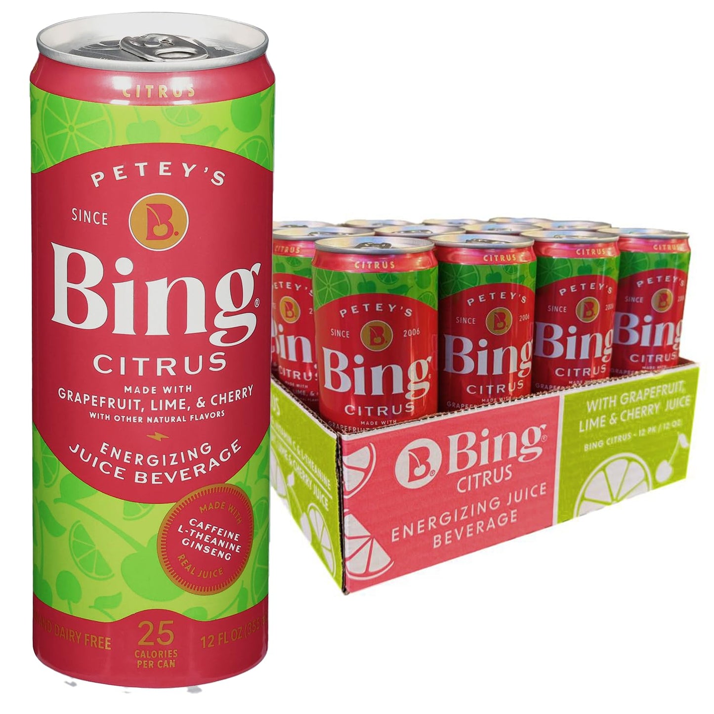 Bing Citrus Energizing Juice Beverage, G fruit & Lime, 12 Fl Oz (Pack of 12), Vegan, Low Calorie, Pink & Green