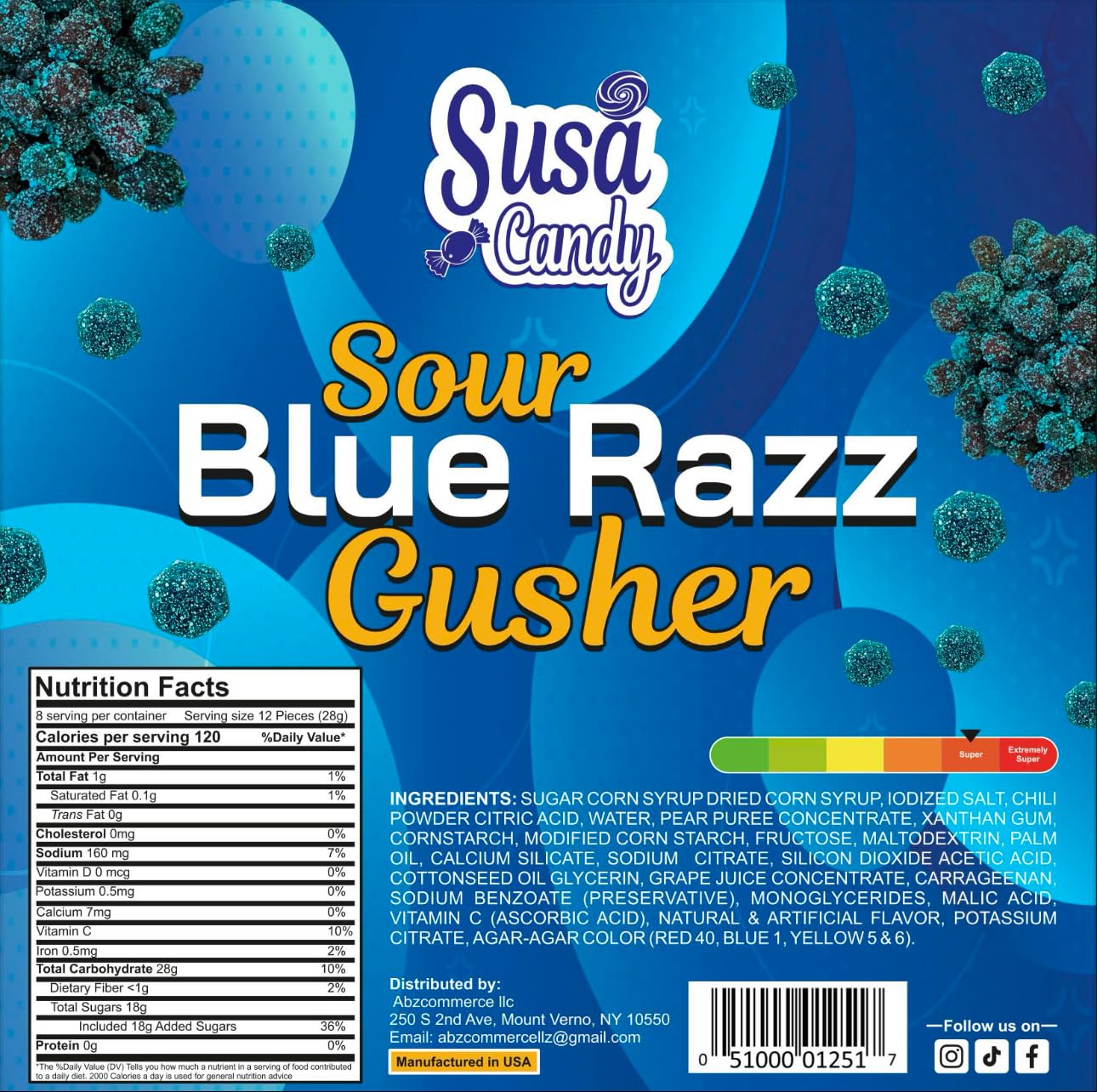Generic Sour Blue Raspberry Gushers Candy - Extremely Sour Gummies, 16 Ounces, Blue, Black, and White