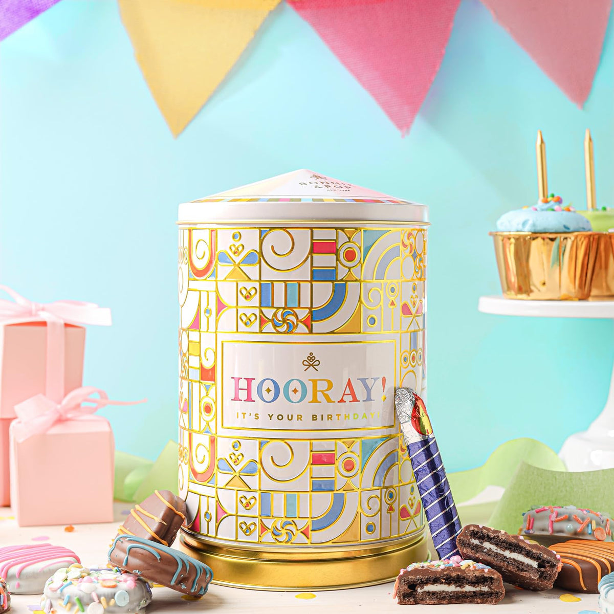 Birthday Gift Basket | Popcorn, Sweets, Candy, Cake Flavors | Tin Spins, Plays Music Happy Birthday | Bonnie and Pop