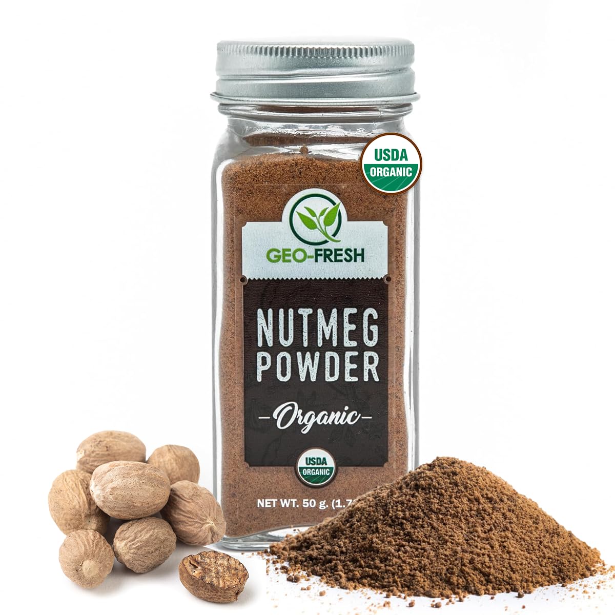 Geo-Fresh Organic Nutmeg Ground Powder, 1.76 oz - USDA Certified Organic, Non-GMO, Kosher, Gluten-Free, Freshly Sourced