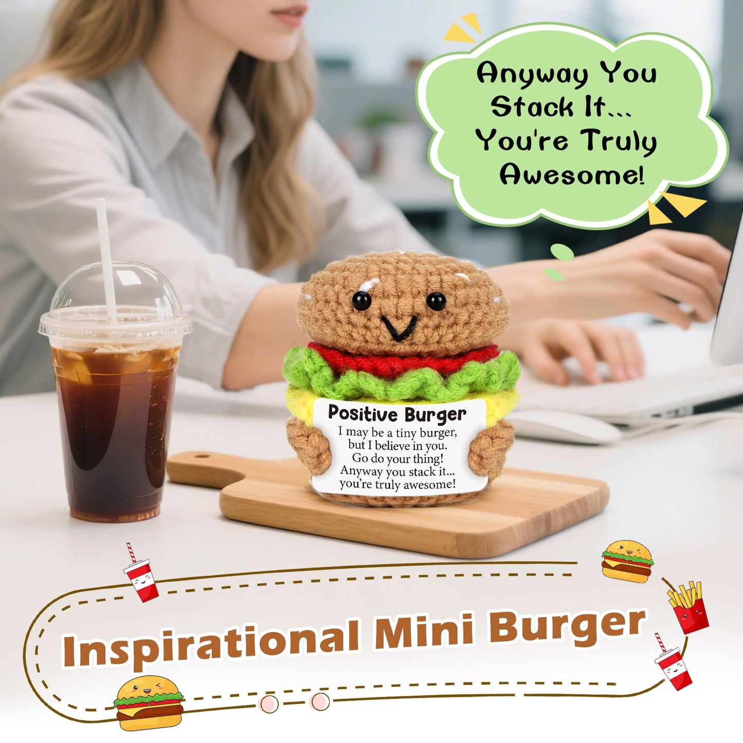 AVBODA Mini Inspirational Positive Burger Cute Handmade Crochet Cheeseburger for Birthday Christmas Back to School Encouragement