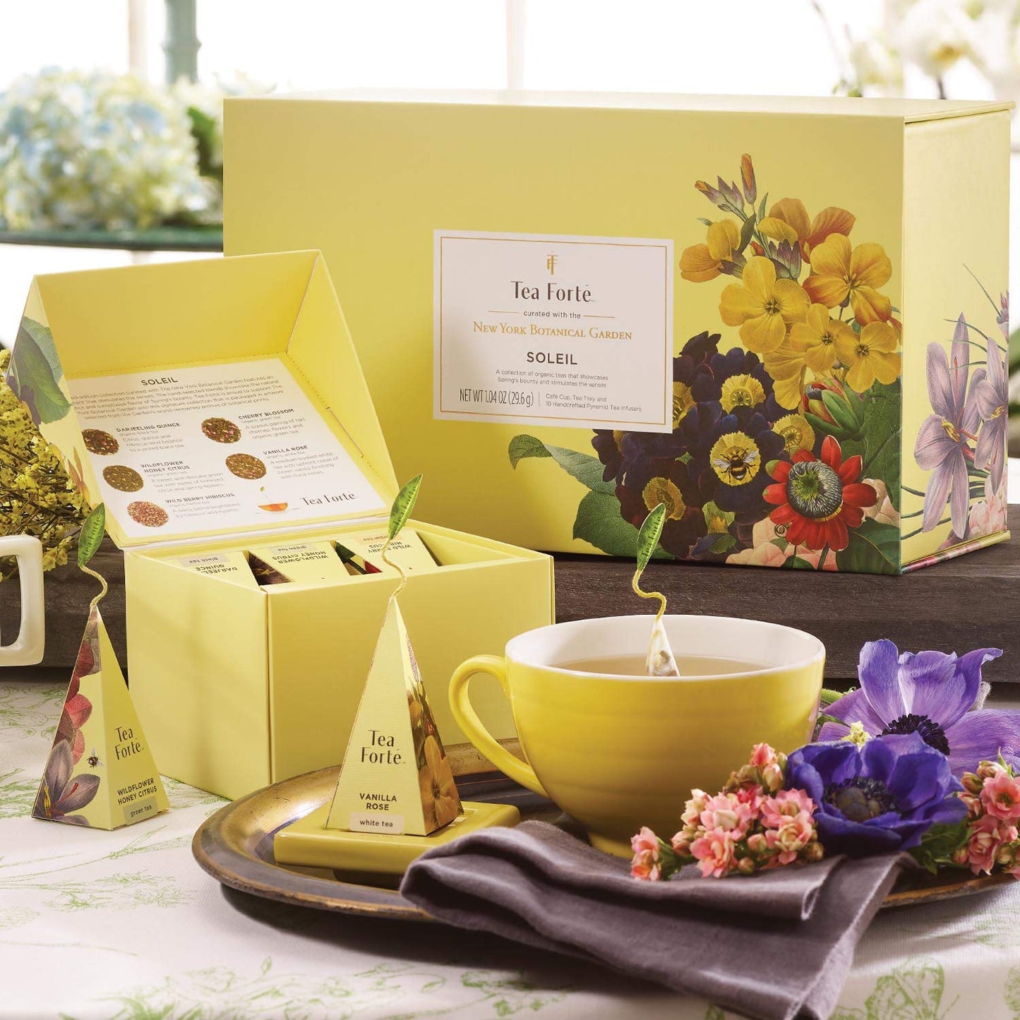 Tea Forte Soleil 3-Piece Enhanced Tea Gift Set With Yellow Cafe Cup With Lid, Tea Tray And 10 Assorted 2 Of Each Variety Organic Handcrafted Pyramid Infuser Tea Bags