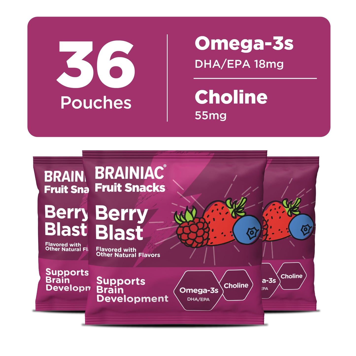 Brainiac Fruit Snacks, Mixed Berry, Brain Boosting Patented Brainpack Ingredients With Omega-3S Dha/Epa And Choline, Functional