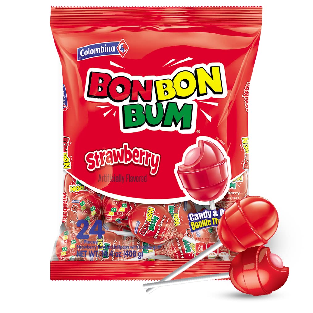 Colombina Bon Bon Bum Lollipops w/Bubble Gum Center - Watermelon Candy Flavor, Pack of Individually 24 Wrapped Gluten Free Pops,