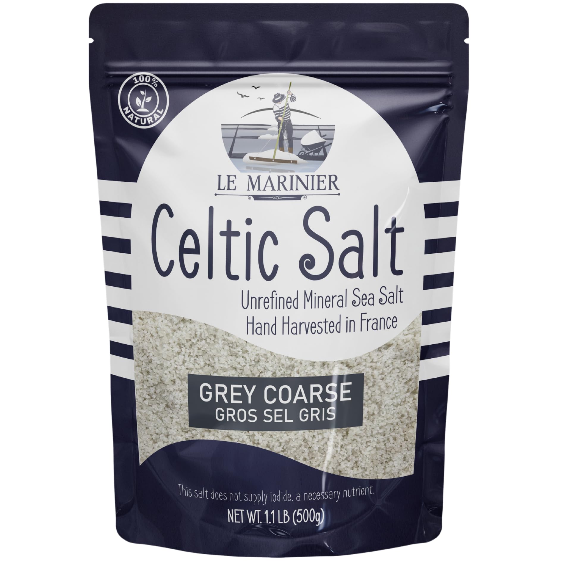 Le Marinier Celtic Salt Grey Coarse Sea Salt, 1.1lb - 18oz. +82 minerals Unrefined French Sea Salt 100% Natural, Hand Harvested 