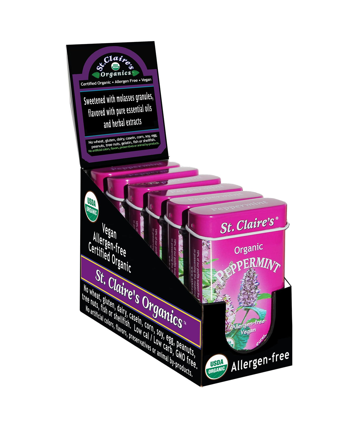 St. Claire's Organic Breath Mints, (Peppermint, 1.5 Ounce Tin, Pack of 6) | Gluten-Free, Vegan, GMO-Free, Plant-based, Allergen-