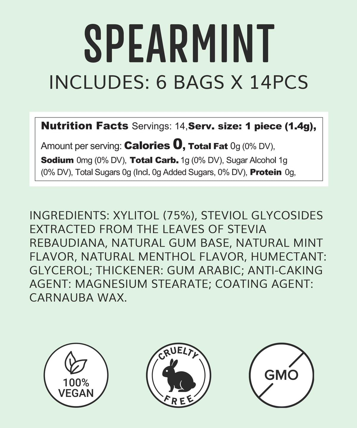 Sugar Free Natural Chewing Gum (84 Pcs) - Xylitol Gum With Stevia - Aspartame Free - All Natural Gum - Vegan, Gluten Free Keto - Spearmint
