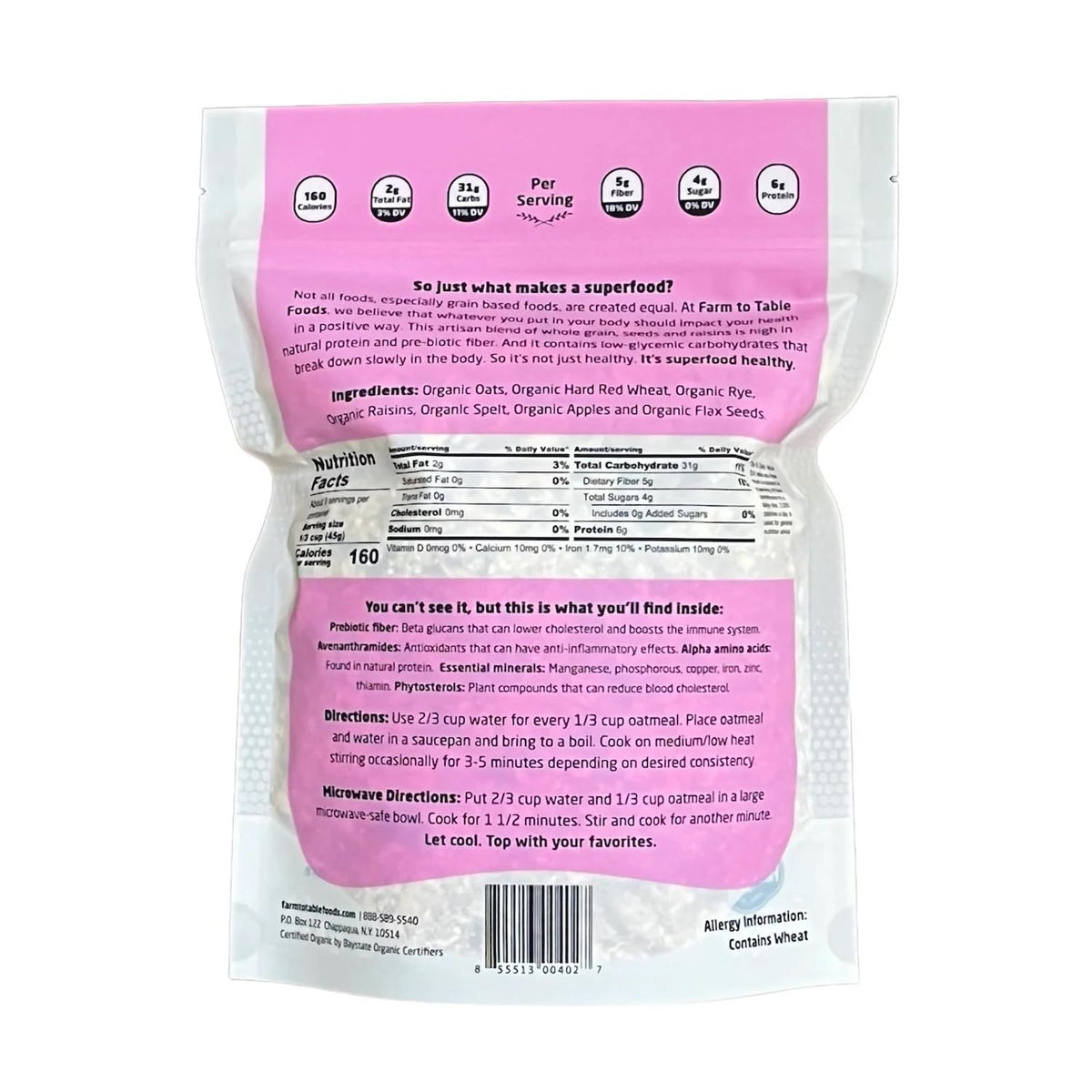 Farm To Table Foods Organic Apple Raisin Superfood Oatmeal - High-Protein, Whole Grain, Plant-Based, Unsweetened, Non-Gmo - 3-Pa