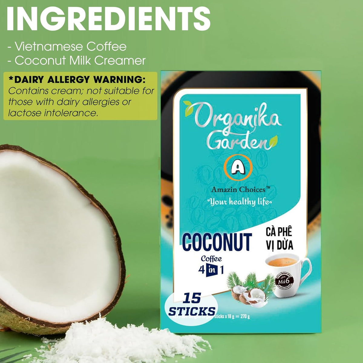 Amazin Choices Coconut Instant Coffee 4-in-1. 0.63 oz., 15 ct.