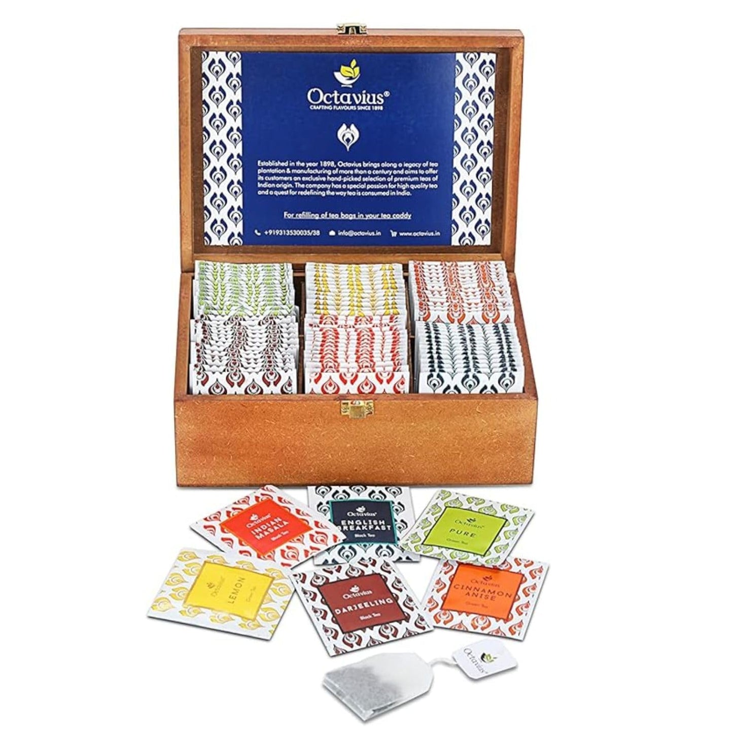 Octavius Gifts Select - Assorted Tea In Multi Design Printed Wooden Box | 6 Flavors, 90 Tea Bags | Black & Green Tea | Tea Gifts For Women & Men | Tea Variety Pack