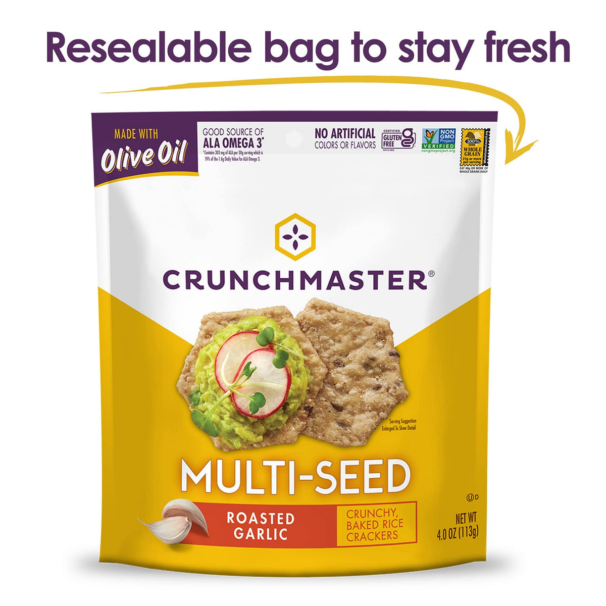 Crunchmaster Roasted Garlic Seasoned Multi Seed Cracker, Gluten Free, 4 Ounces (Pack Of 12)