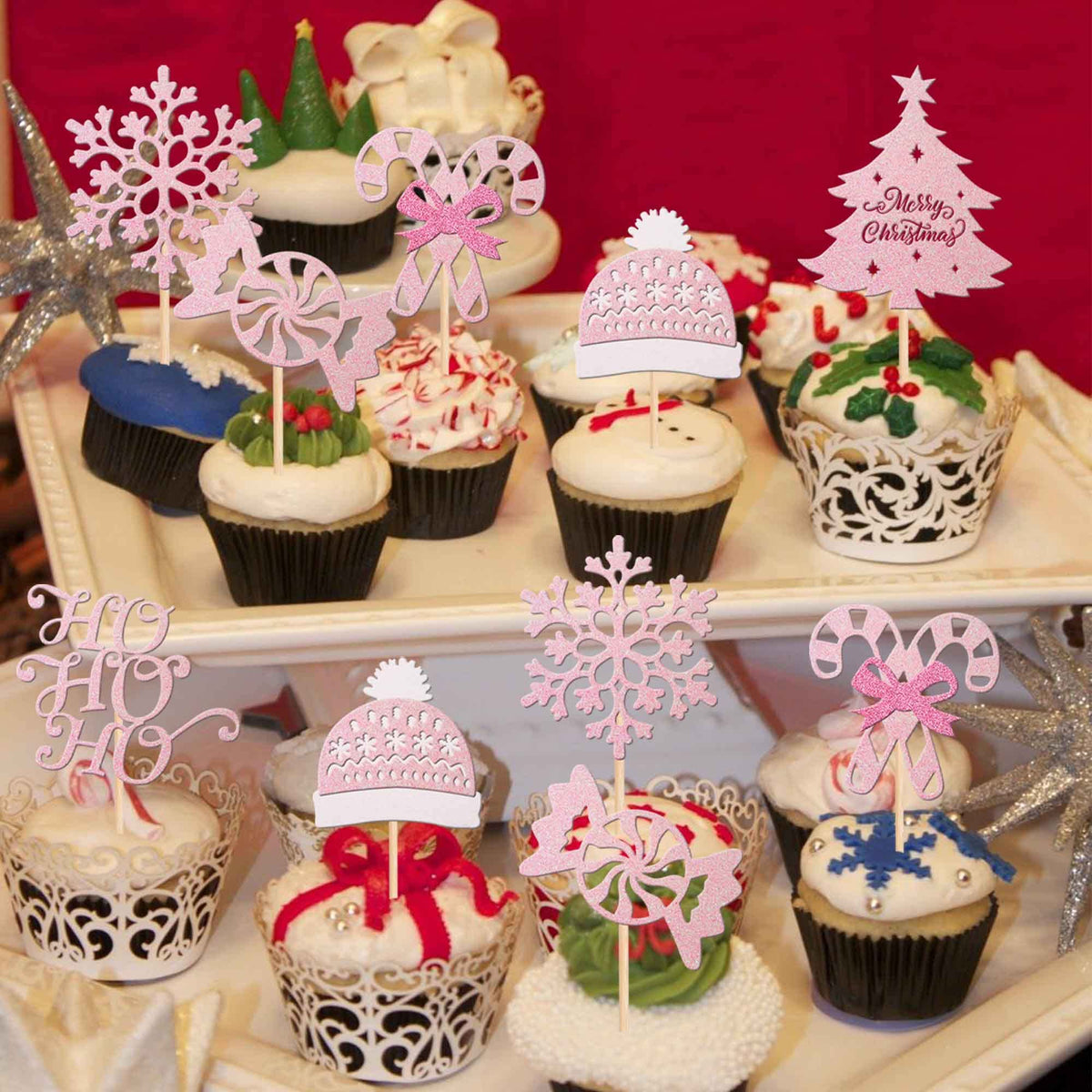 24 Pcs Merry Christmas Cupcake Toppers Glitter Ho Ho Ho Christmas Tree Cupcake Picks Snowflake Cupcake Toppers For Merry Christmas Theme Birthday Party Cake Decorations Supplies