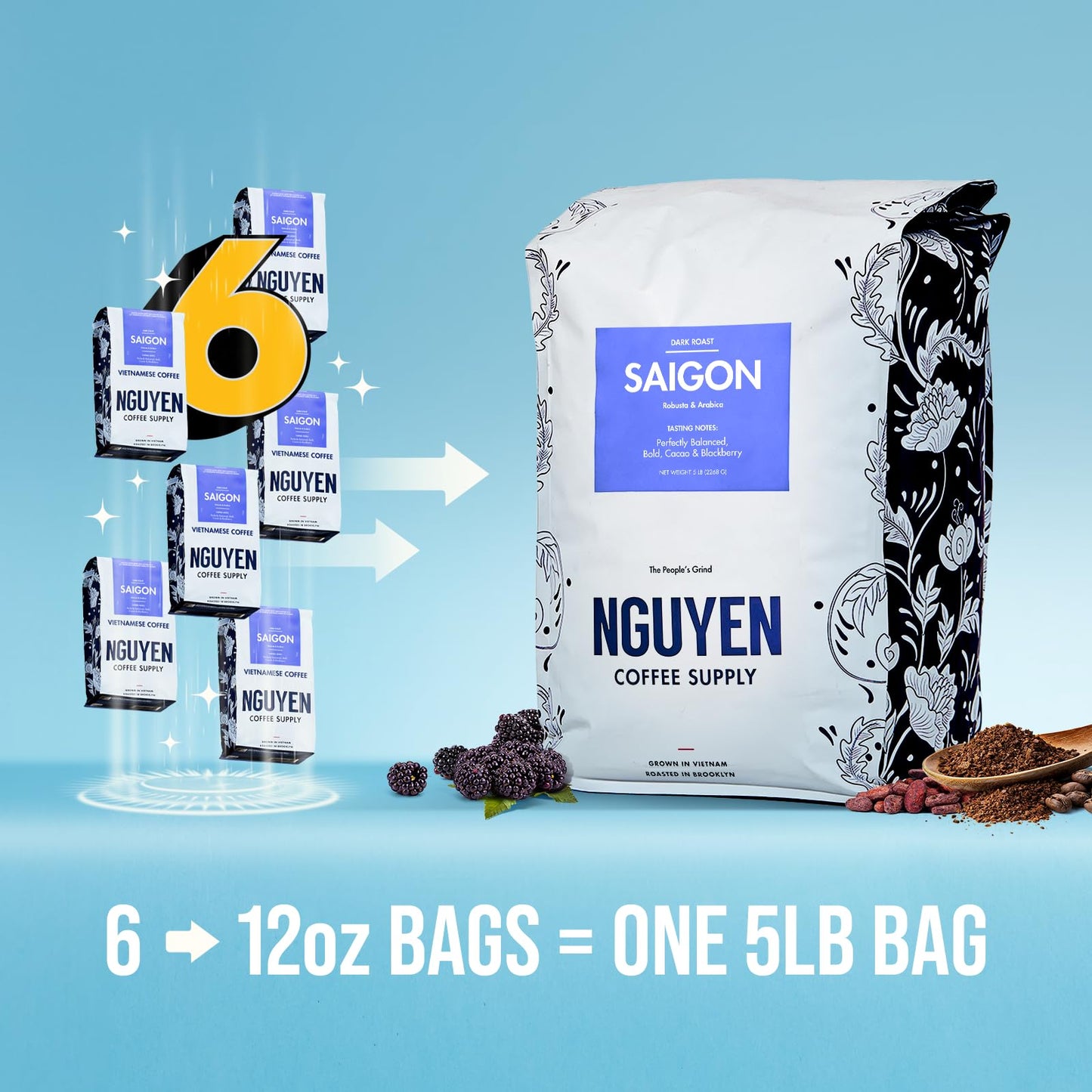 Nguyen Coffee Supply - Saigon Robusta & Arabica Blend: Dark Roast Enhanced Whole Coffee Beans, Vietnamese Single Origin, Direct Trade, Low Acid, High Caffeine, Roasted In Brooklyn [5 Lb Bag]
