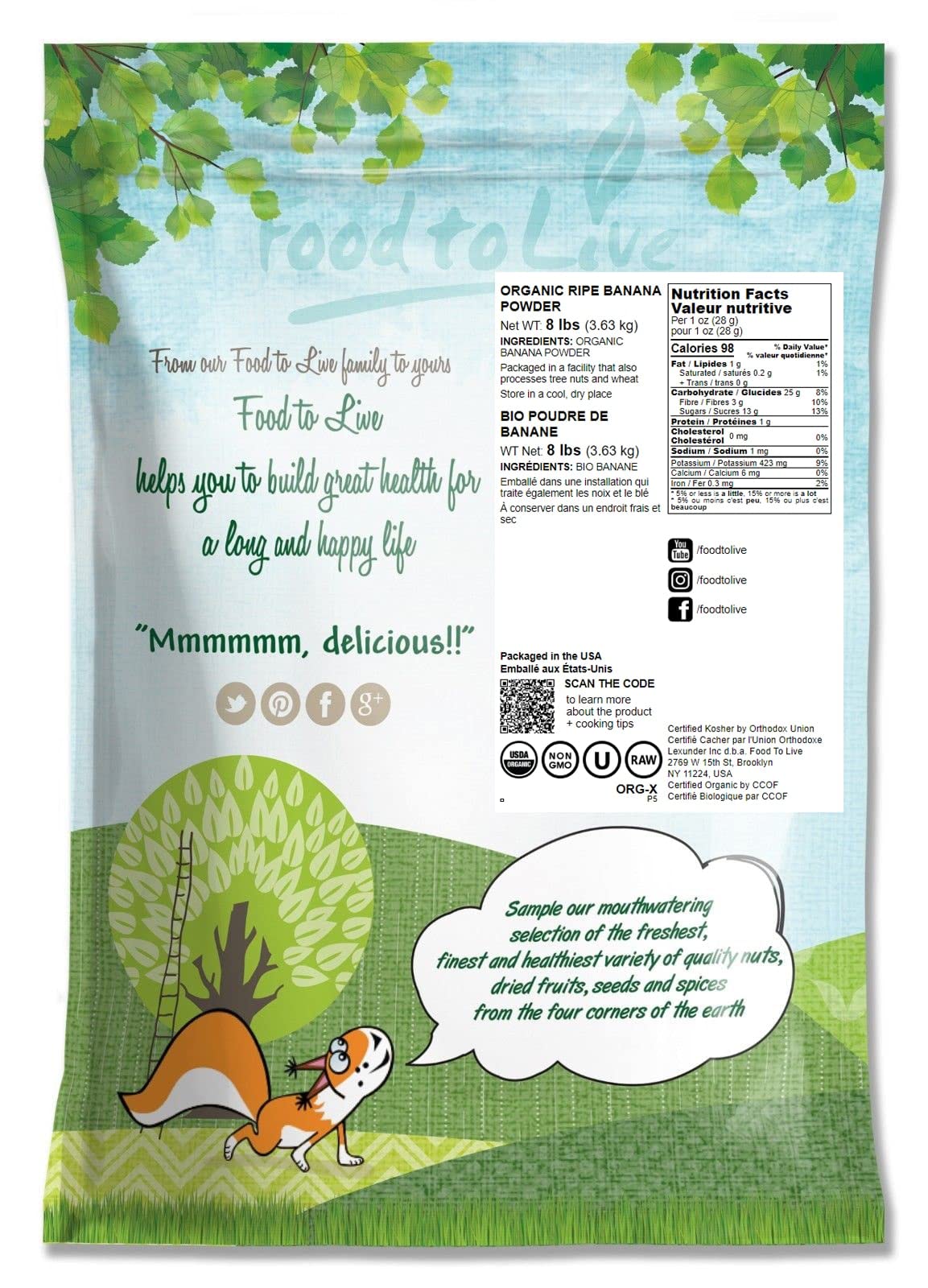 Food To Live Organic Ripe Banana Powder, 8 Pounds - Non-Gmo And Raw Whole Fruit Flour, Unsweetened, Unsulfured, Vegan, Kosher, B