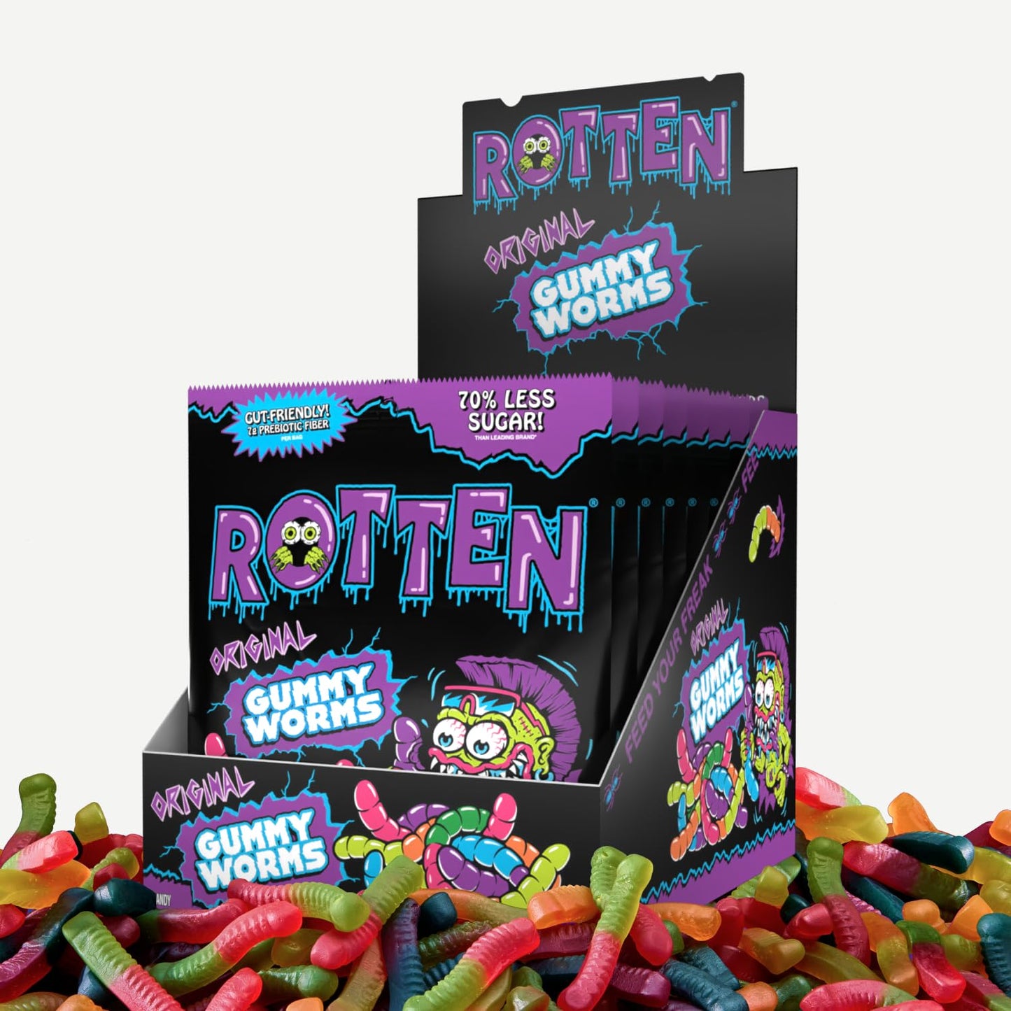 Rotten Original Gummy Worms - Low Sugar, Low Calorie, 7g Gut-Friendly Prebiotic Fiber and 3g Protein, Gluten Free Candy - 1.8 oz