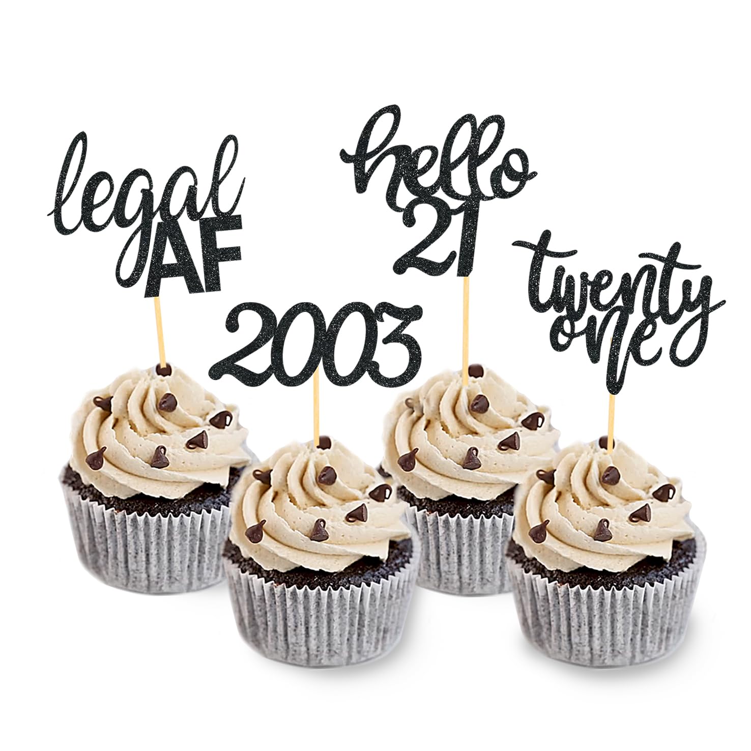 24 Pack Glitter 21St Birthday Cupcake Toppers For Celebrating Twenty-One Years Old Birthday Party Decorations (Black Glitter)