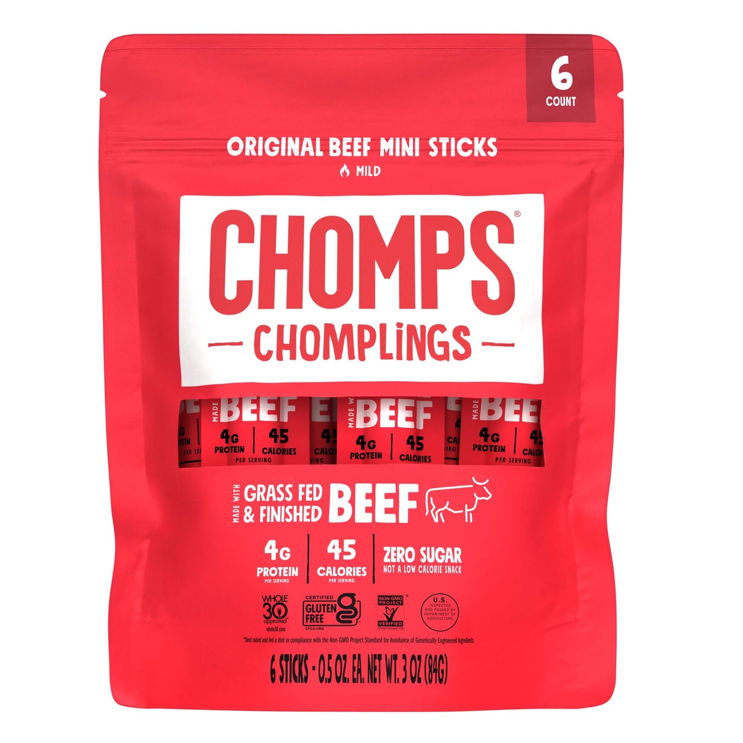 Chomps Mini Beef Jerky Snack Sticks, Grass Fed, Original Flavor, 0.5 Oz, Pack of 6