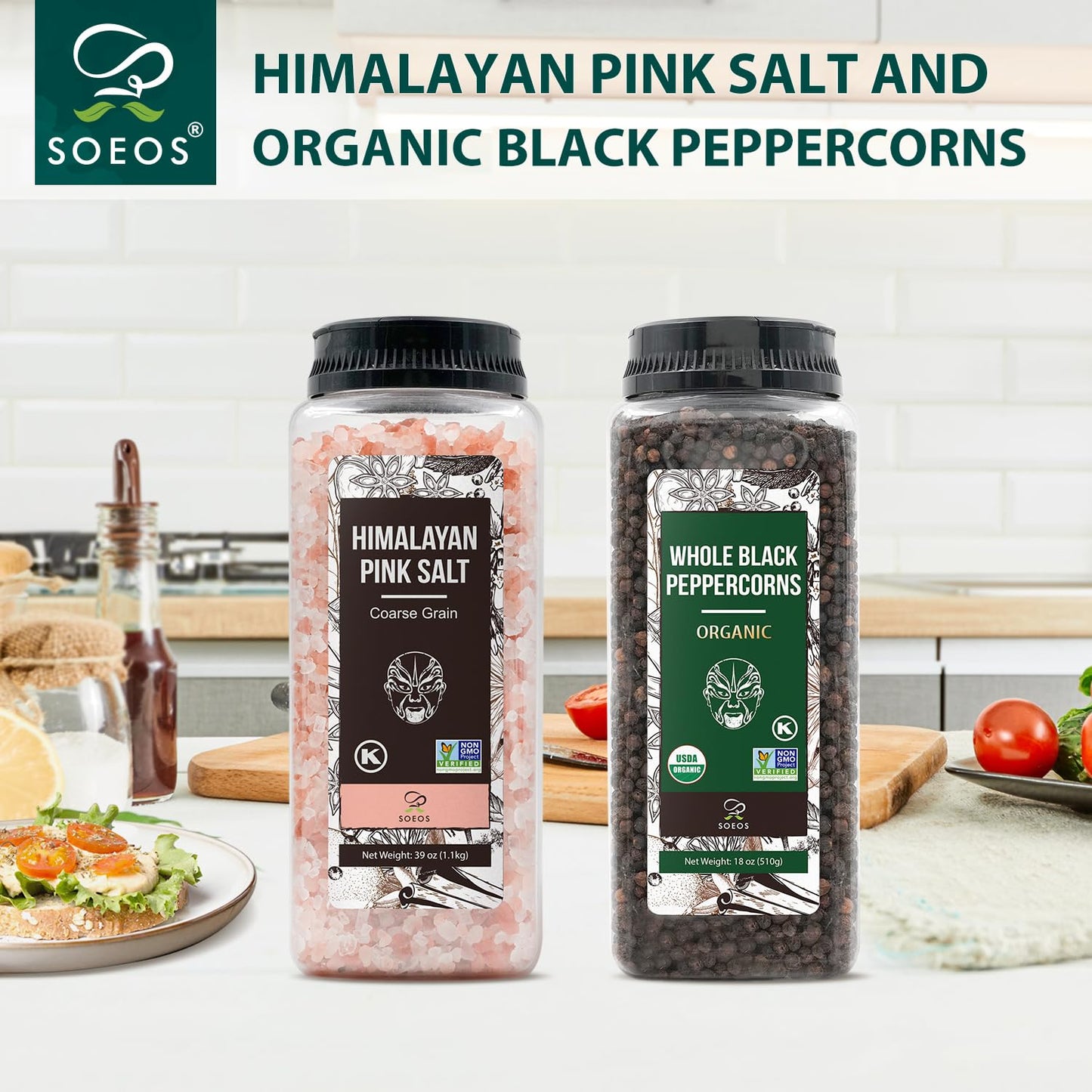 Soeos Himalayan Pink Salt Coarse 39 oz + Organic Black Peppercorns 18 oz, Salt for Grinder Refill, Salt and Peppercorns, Pepper