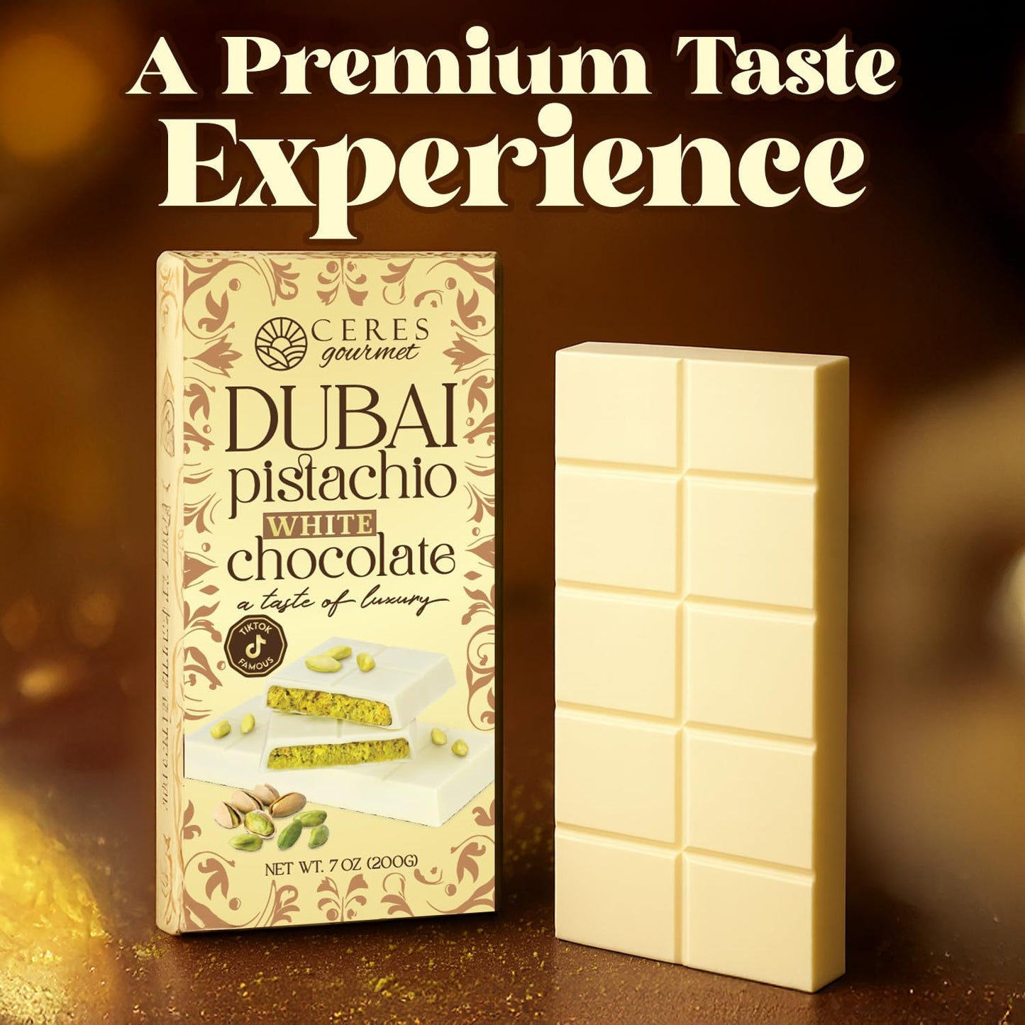 Dubai Chocolate Kunafa Pistachio Bar 7Oz | Famous White Chocolate Kunafe Bar | Crispy Kunafe With Pistachio Paste | Gift Idea For All Occasions | Elegant White Chocolate Kunafa Gift
