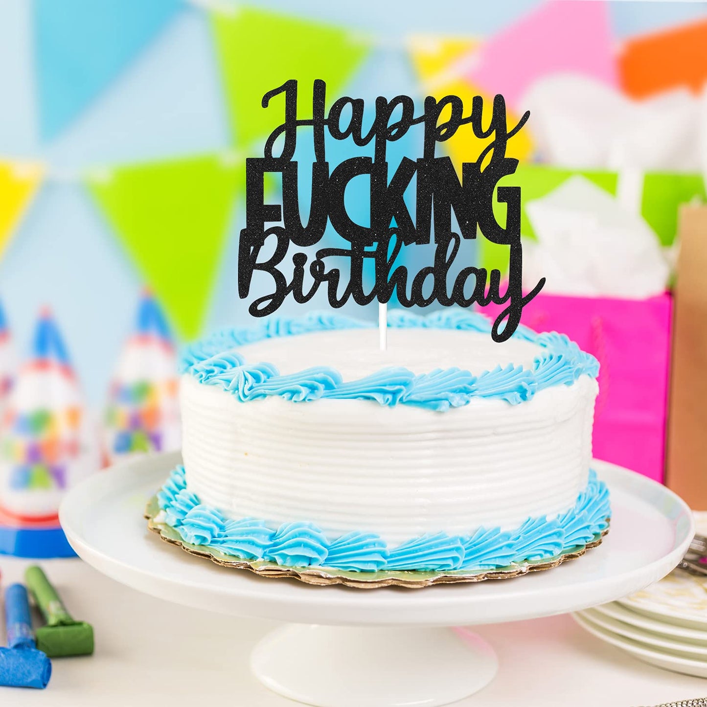Caiwowo Birthday Cake Topper - Black Glitter Paper Decoration for mature-themed Parties