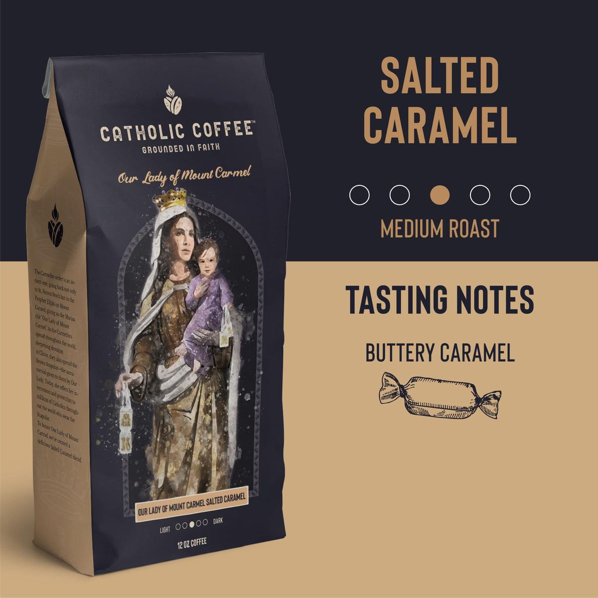 Our Lady Of Mount Carmel Salted Caramel Catholic Coffee (Whole Bean) 12 Oz Small-Batch Craft Coffee, Gift For Catholic Faithful