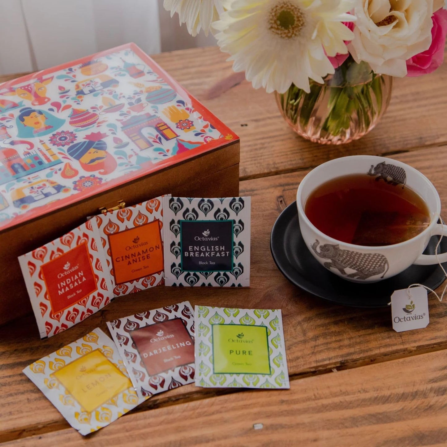 Octavius Gifts Select - Assorted Tea In Multi Design Printed Wooden Box | 6 Flavors, 90 Tea Bags | Black & Green Tea | Tea Gifts For Women & Men | Tea Variety Pack