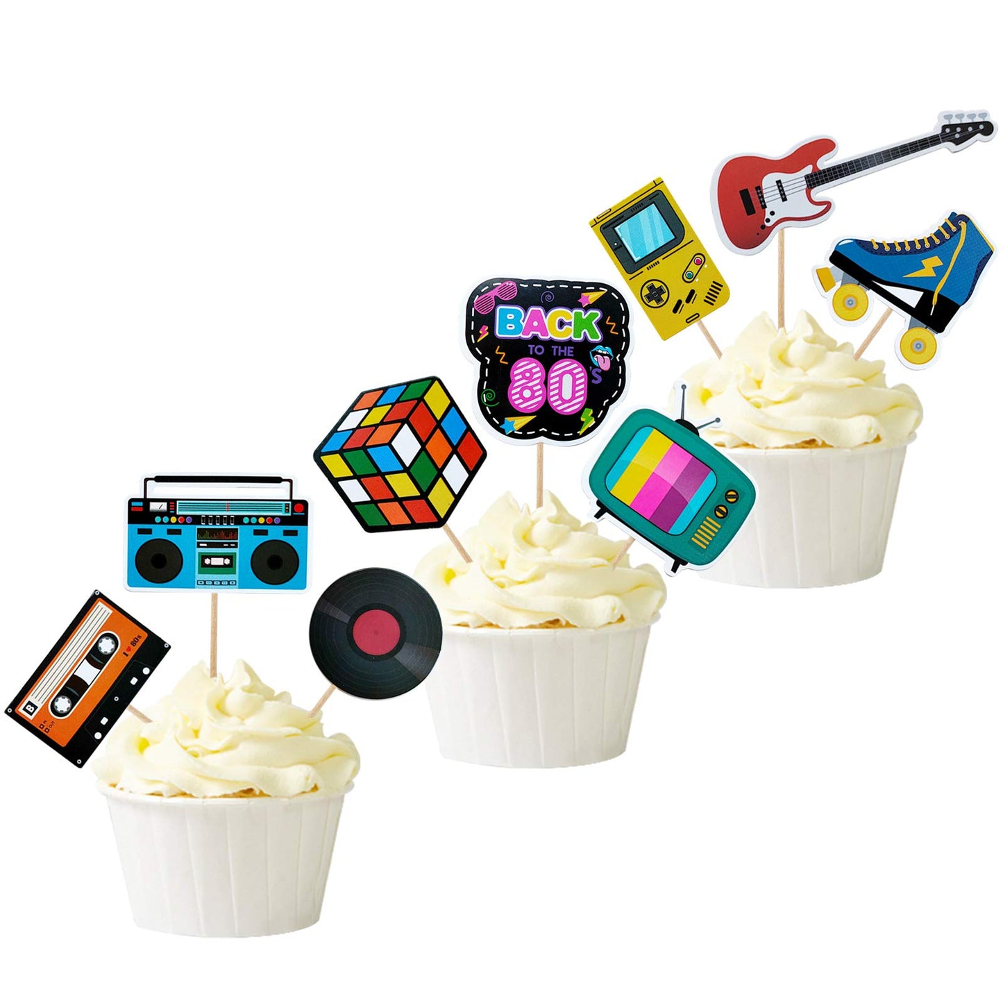 Mulukaya Back To The 80s Cupcake Toppers - 27 Pcs Retro Birthday Wedding Party Decorations