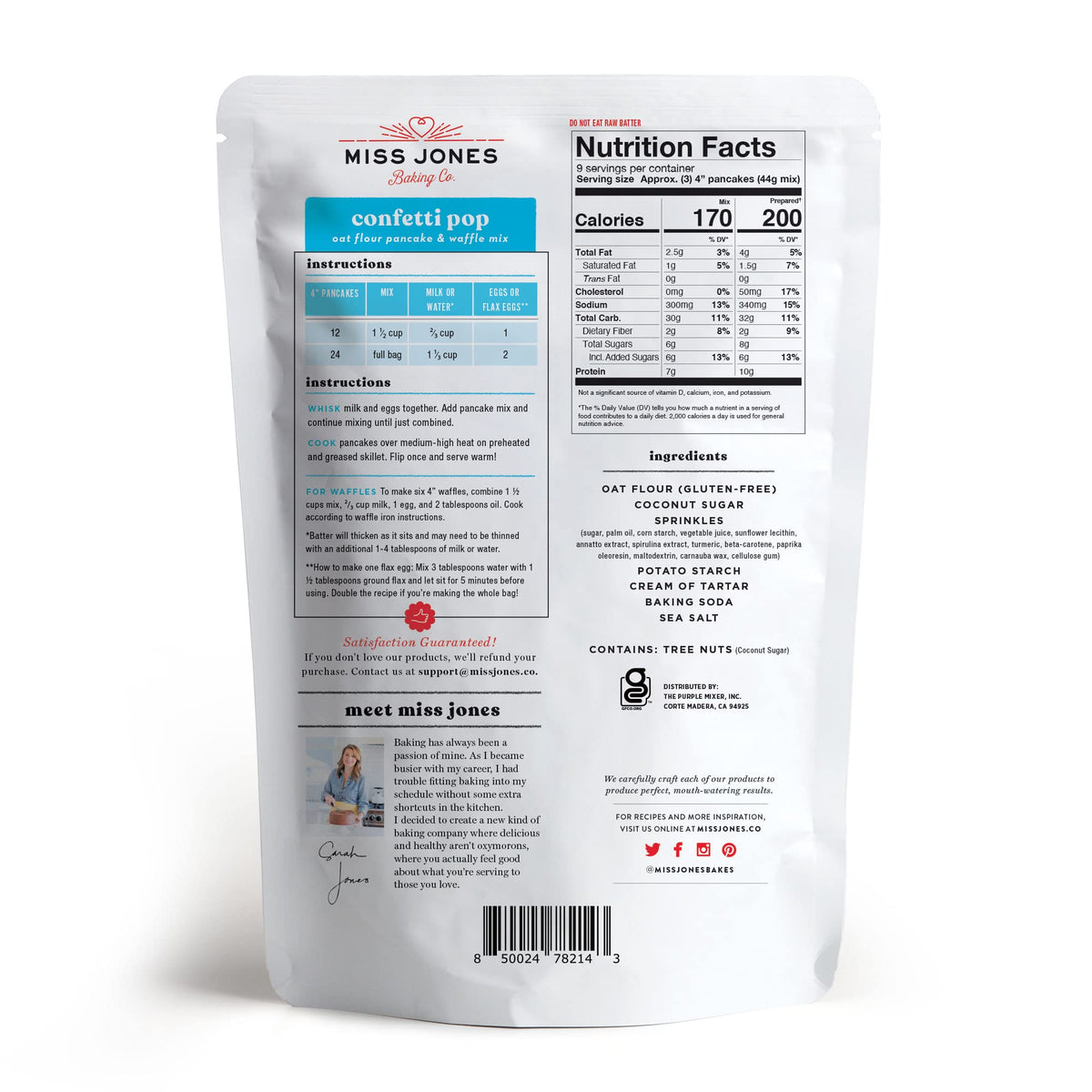 Miss Jones Baking Confetti Pop Oat Pancake And Waffle Mix - Made With Oat Flour, Gluten Free, 10G Of Protein, 100% Whole Grains,
