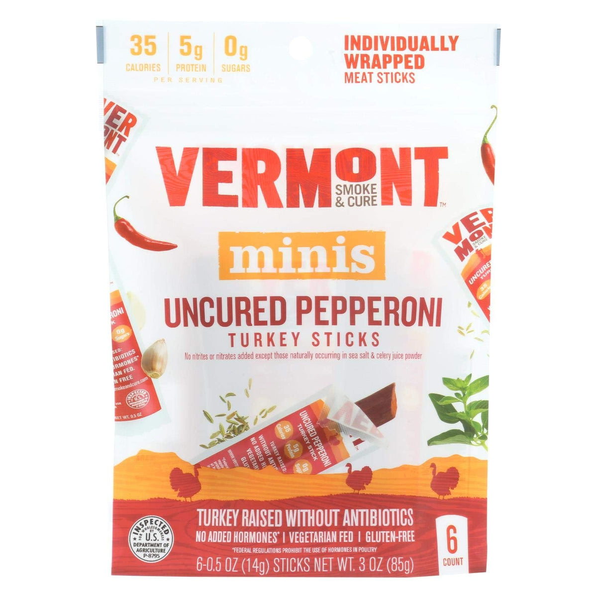 Vermont Uncured Pepperoni 0.5 Ounce Turkey Sticks, 6 Count Per Pack - 8 Per Case.8
