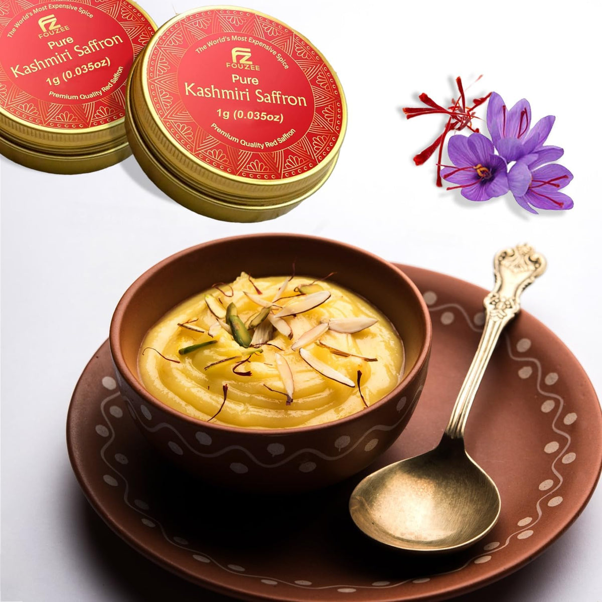 FOUZEE Pure Kashmiri Saffron Threads, 1g Pack, Dark Red, Ideal for Cooking, Spices, Rice, Tea, Desserts, Risotto