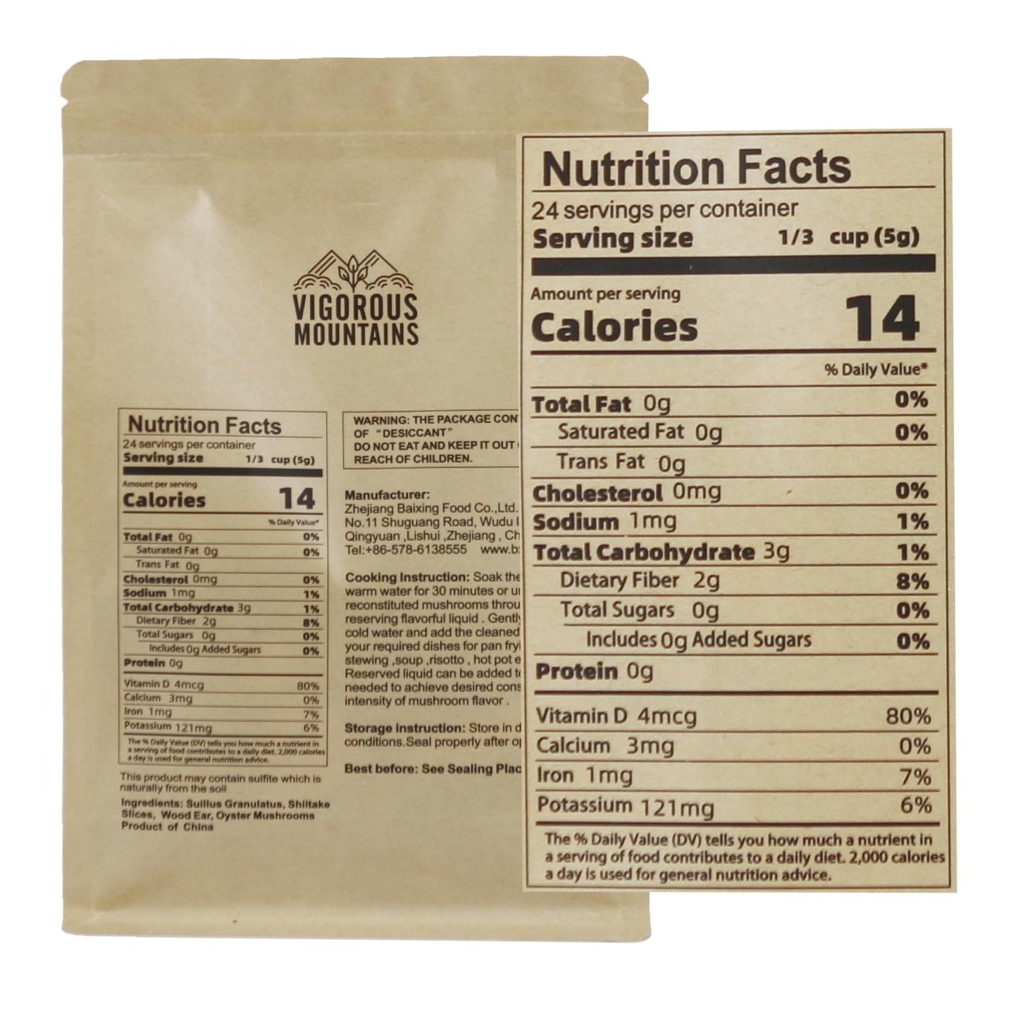 Vigorous Mountains Dried Mixed Mushrooms Blend Including Porcini Shiitake Oyster Woodear Mushrooms 4.23Oz, Soft Texture Bold Flavor Vegan Food For Cooking 120G