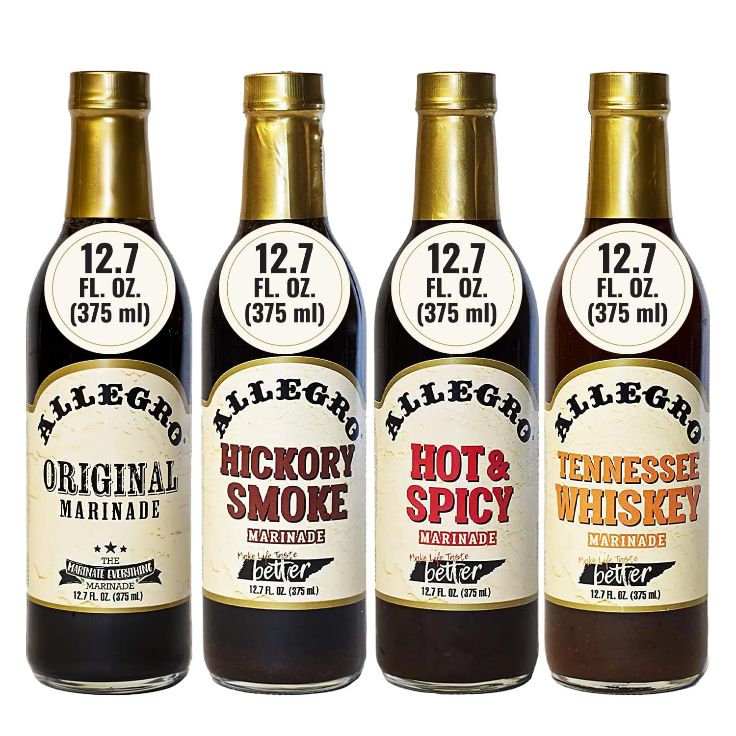 Allegro Marinade Variety Pack - 4 Sauces for Meat & Veggies, 12.7 Oz Each - Original, Hickory Smoke, Hot & Spicy, Tennessee Whiskey