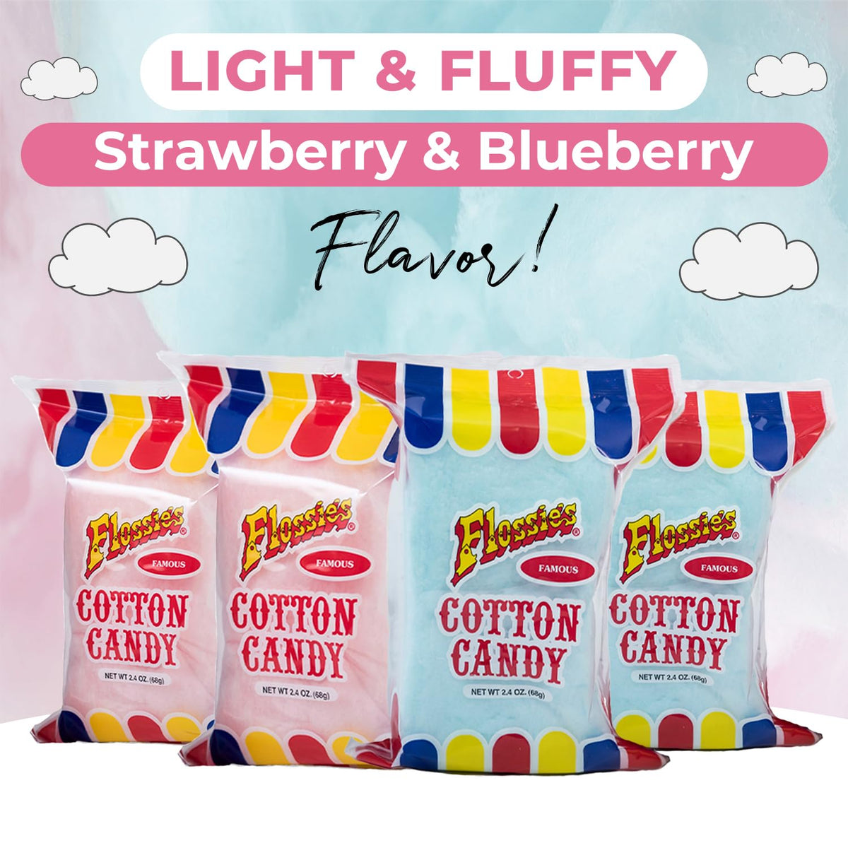 Flossies Famous Cotton Candy Blue and Pink Party Flavors, 2.4oz Bag (6-Pack)