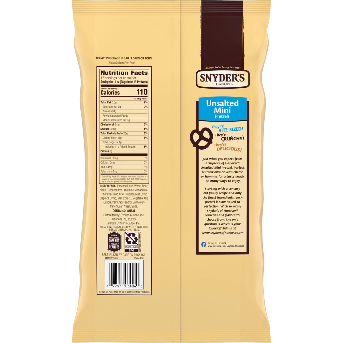 Snyder'S Of Hanover, Unsalted Mini Pretzels, 12 Oz Bag