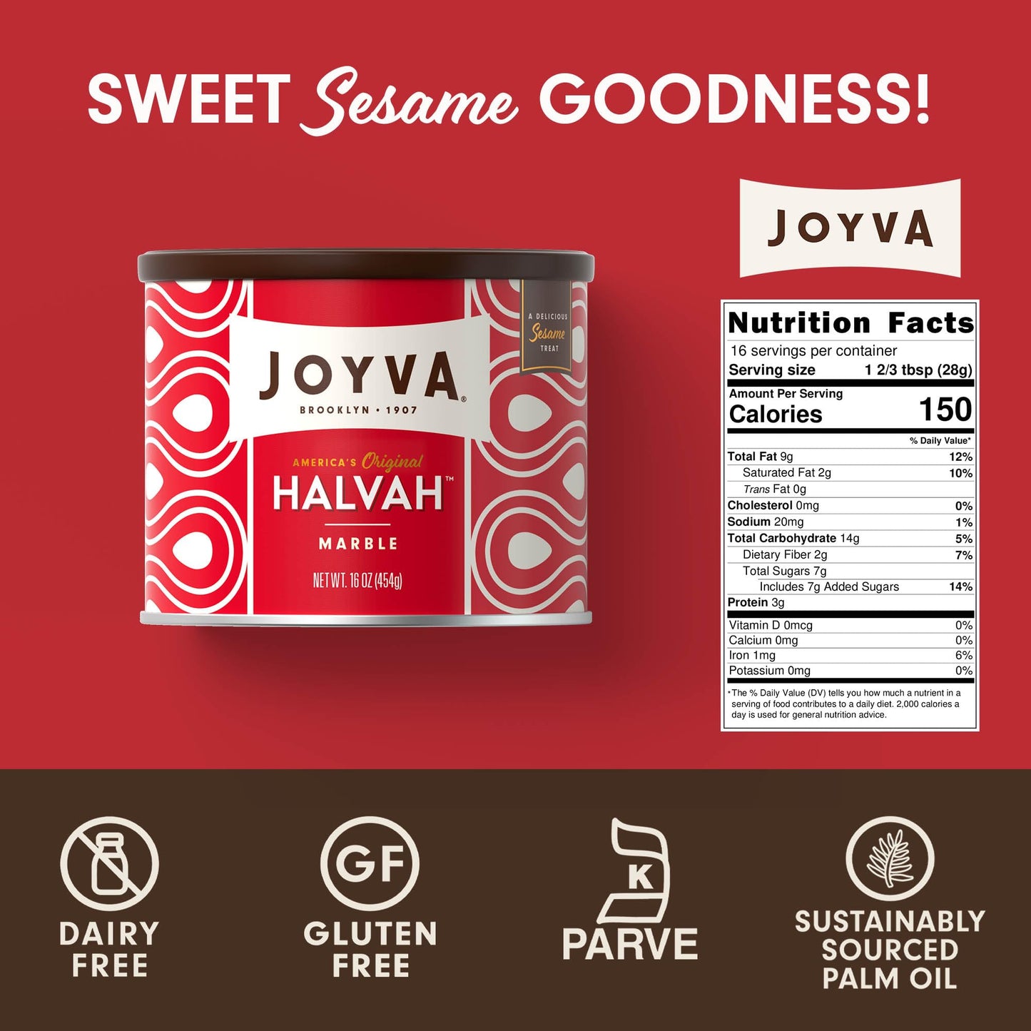 Joyva Halvah Marble Sesame Treat, Dairy Free & Gluten-Free, 16oz, Kosher Parve, Pack of 1