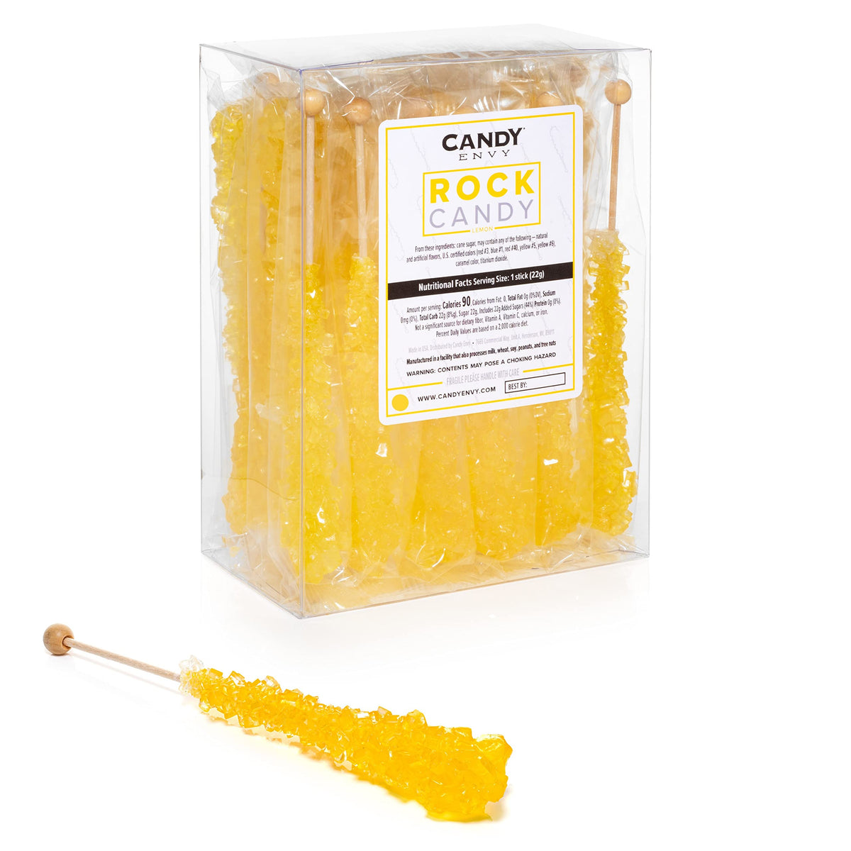 Candy Envy - Yellow Rock Candy Sugar Sticks - Lemon Flavored - 24 Indiv. Wrapped