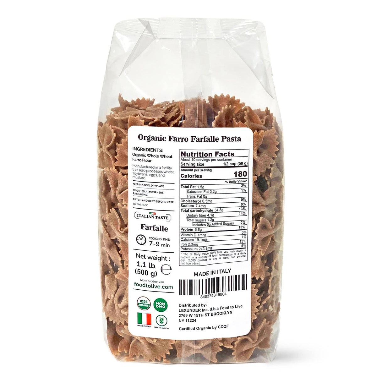 Food To Live - Organic Farro Farfalle Pasta, 1.1 Lb (Pack Of 2) - Italian Whole Wheat And Non-Gmo Bow-Tie Pasta, Single Ingredie