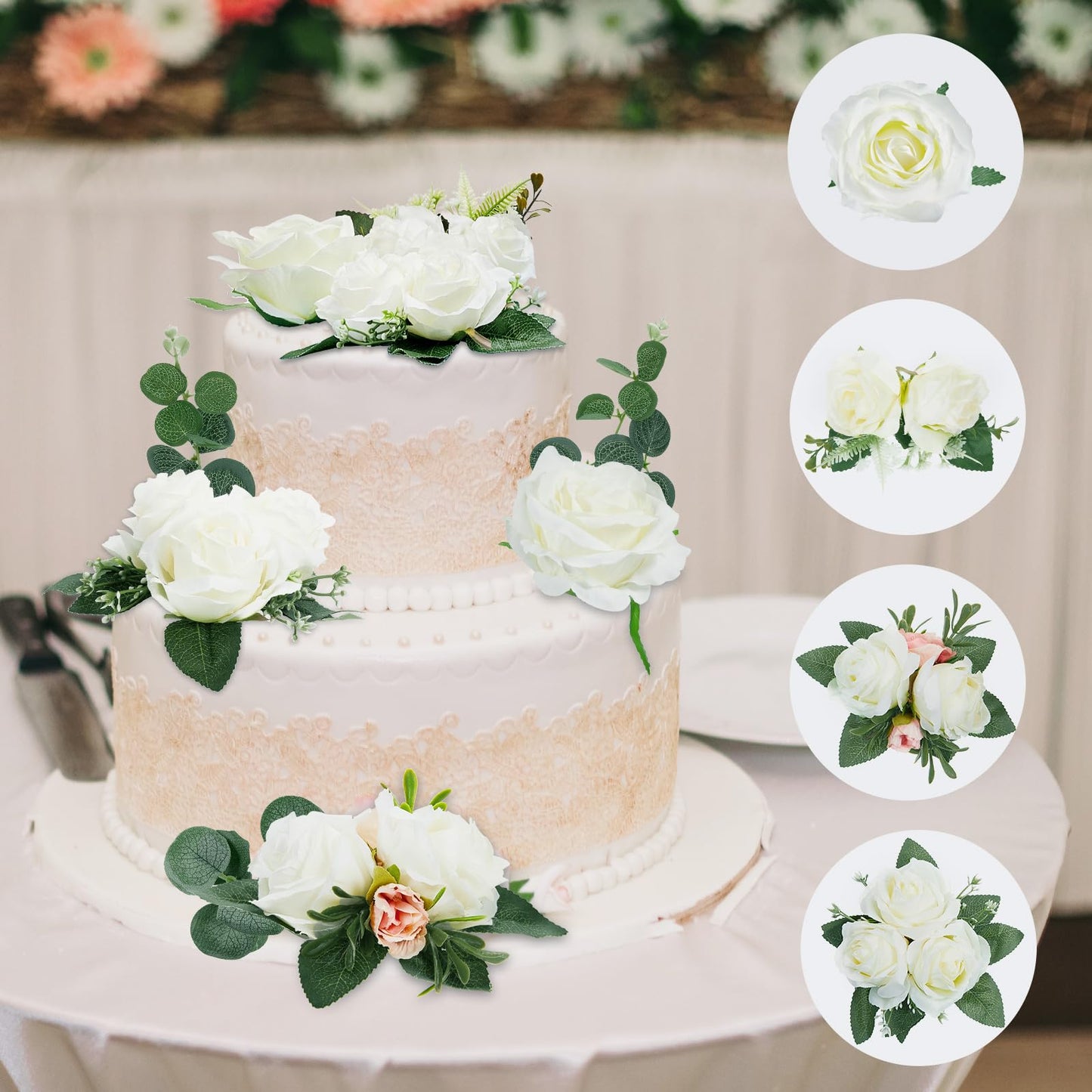 Taiyin Flower Cake Topper Set, 9 Pcs Eucalyptus Floral Decorations for Weddings and Birthdays, White, PVC Material